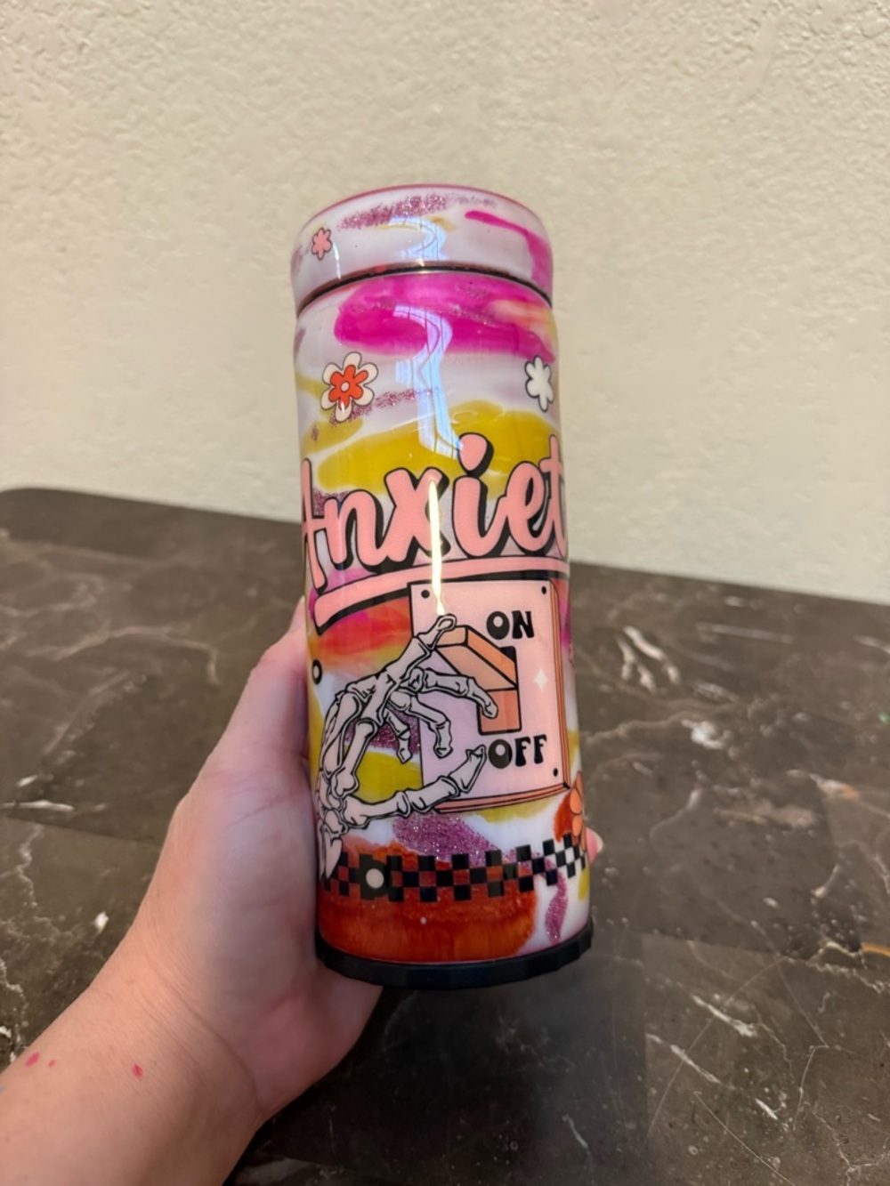 Anxiety On Skull Skeleton Switch 12 oz Skinny Can Cooler Handmade Marble Glitter